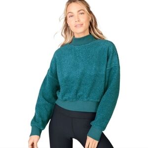 Fabletics Malia Polar Fleece Pullover Teal Green Cropped Mock Neck Medium